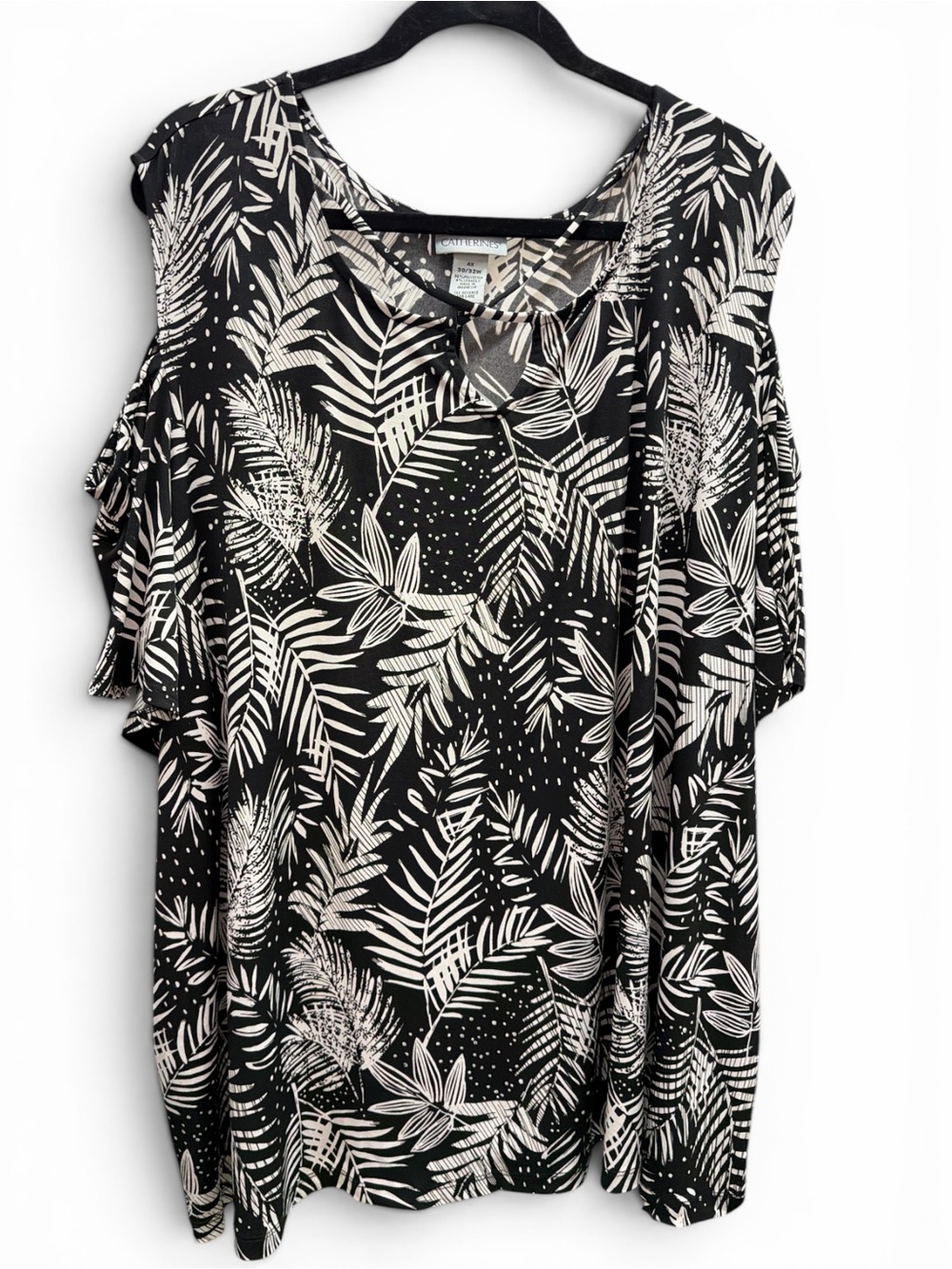 Catherine’s Black & White Tropical Print Cold-Shoulder Top